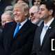President Donald Trump (center) with Vice President Mike Pence (left) and House Speaker Paul Ryan (right) at the White House in Washington, D.C., on Dec. 20, 2017 (Jabin Botsford/the Washington Post via Getty Images); photo illustration by Sam Woolley/GMG